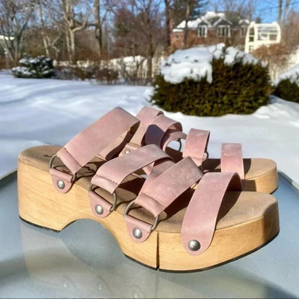 New Free People Virgo Switchback Suede Platform Sandals Pink US 10